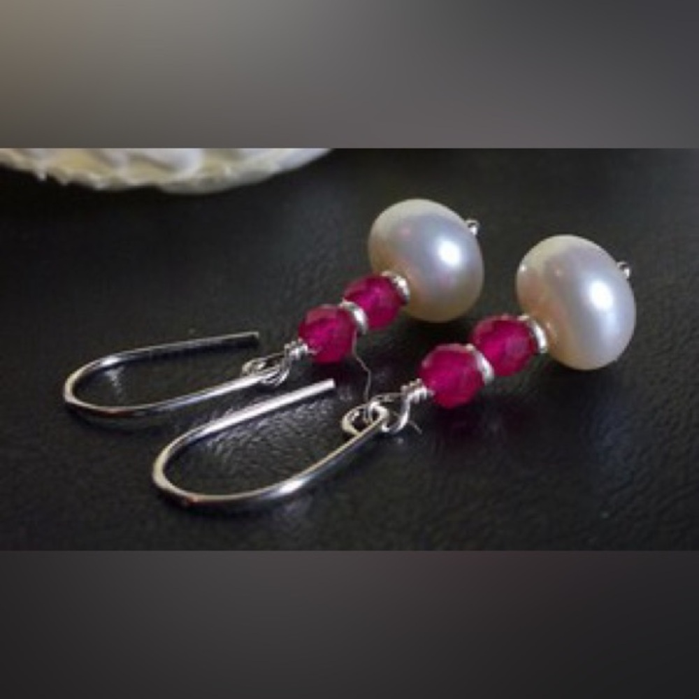 Pink Sapphire, Pearl & Sterling Earrings w Hill Tribe Fine Silver Accents